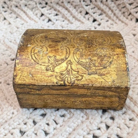 Vintage Florentine Wood Jewelry Box Gold Gilt Domed Trinket Chest Made in Italy