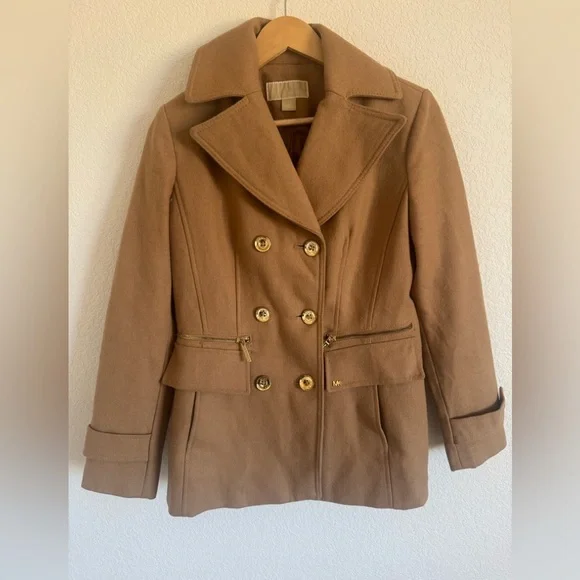 Michael Kors Camel Wool Blend Peacoat Gold Buttons Zip Pocket Coat XS