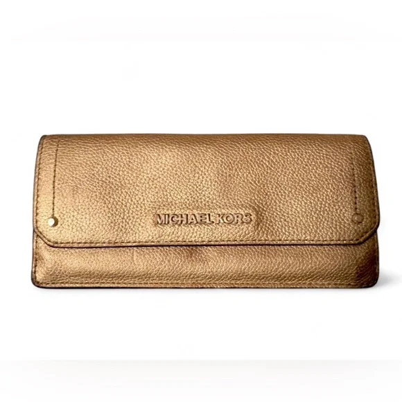 Michael Kors Gold Metallic‎ Leather Wallet Clutch Flap Snap Long Wallet