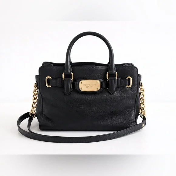 Michael Kors Hamilton East West Medium Black Pebbled Leather Bag, Gold Hardware