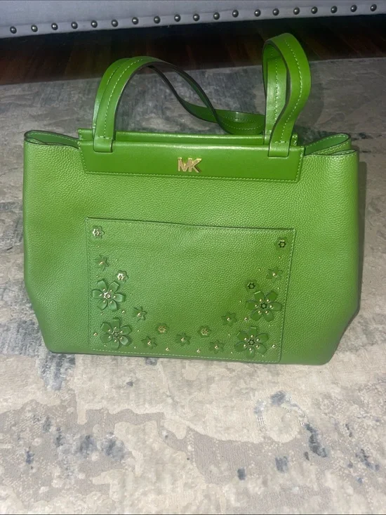 Michael Kors Lime Green Leather Floral Applique Tote