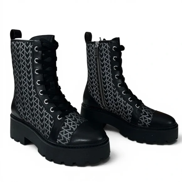 Michael Kors Blake Logo Jacquard Leather Lace Up Combat Boots Black Wm 6.5 NIB