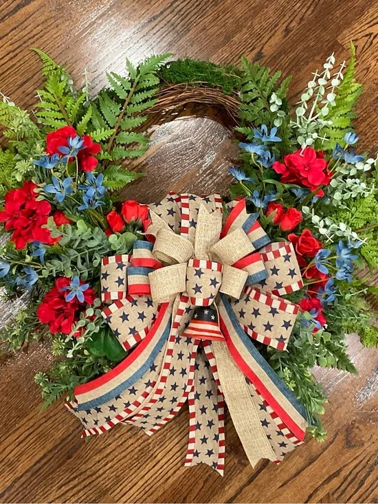 Patriotic Red, Blue & Cream Wreath with Star Ribbon - Brand