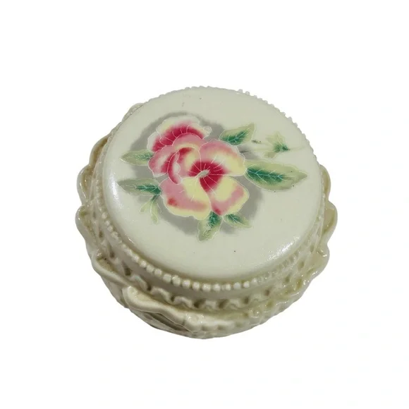 Vintage floral pansy Lidded trinket Jewelry box Boho Cottagecore Ceramic