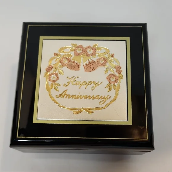 MUSIC & JEWELRY Box Says Happy Anniversary Black Gold San Francisco Music Box Co