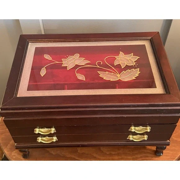 Rosalco Commodore Jewelry Box Chest Wood Etched Floral Glass Top Velvet Vintage