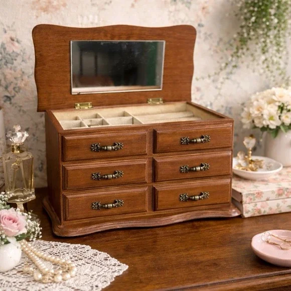 Vintage Wooden Lined Jewelry Box / Chest Drawers Cottagecore Mid Century Style