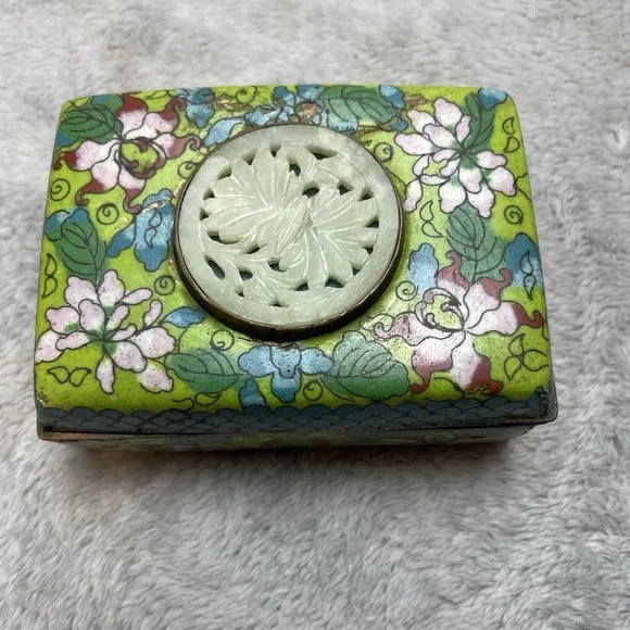Vintage Chinese Enamel Jewelry Trinket Box Hand Painted Floral Medallion Charm