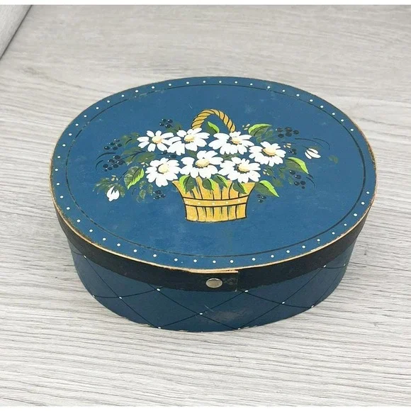 Vintage Blue Floral Trinket Box - Hand Painted Wooden Jewelry Box