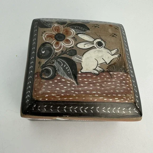 Tonala Mexico Pottery Trinket Jewelry Box Folk Art Vintage