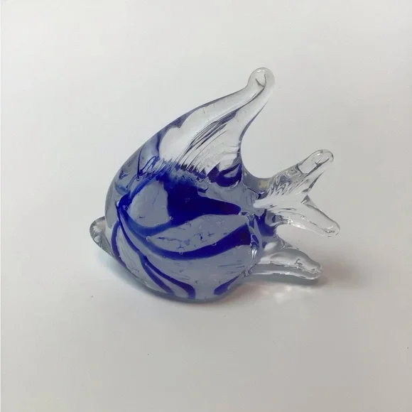 Vintage Murano Style Blue White Striped Glass Angelfish Paperweight Figurine