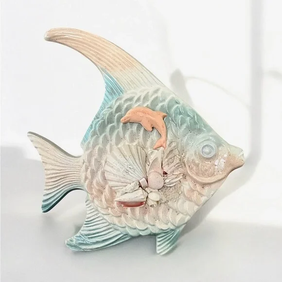Angel Fish Chalkware Wall Nautical Decor Shells Vintage 1960’s 13”