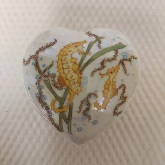Heart shaped trinket box w sea horses Design by Dorothe Ocean life irridescent