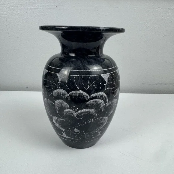 Black Stone Floral Etched Flower Vase Jar Small Decorative Modern Contemporary