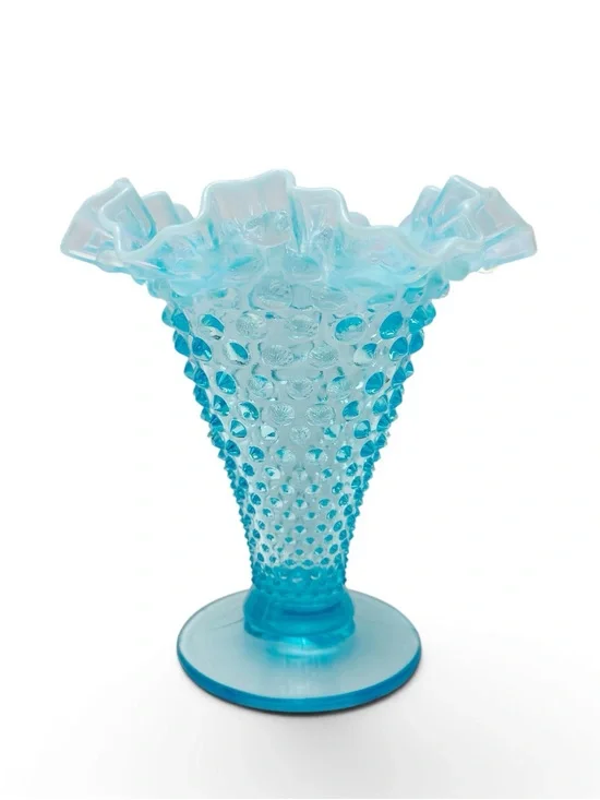 Vintage Fenton Glass Aqua Blue Opalescent Hobnail Ruffled Vase 7 7/8”
