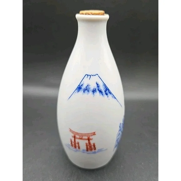 Saki Bottle Bud Vase Vintage Mid Century Mt Fuji Japan White Traditional Culture