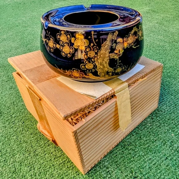 Vintage Cobalt Porcelain Gold Hand Painted Blossom Floral Ashtray Bowl/Vase NOS