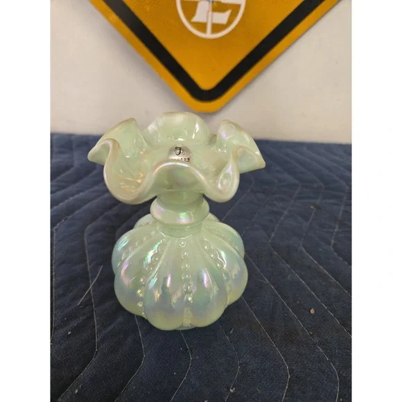 Fenton Sea Green Melon Beaded‎ Vase Vintage