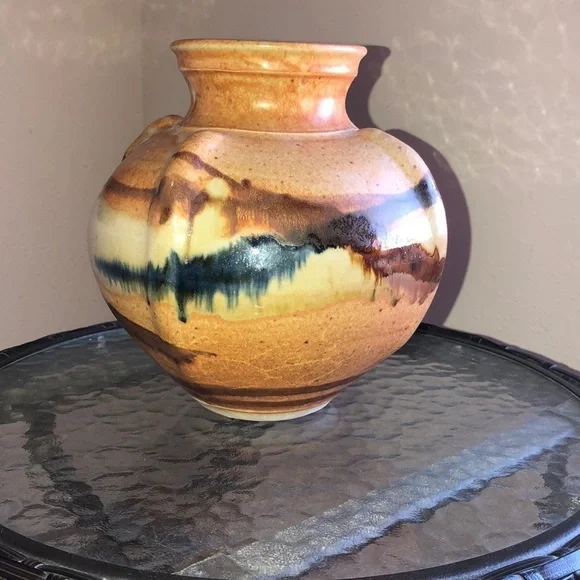 Glazed Vase Tan brown blue colors Made in 93/95’