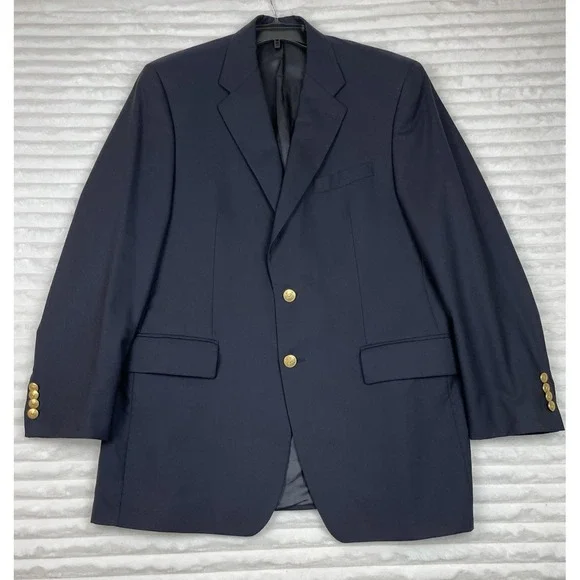 Chaps Ralph Lauren Wool Blazer Mens‎ 42T Navy Blue Gold Buttons Made in Canada