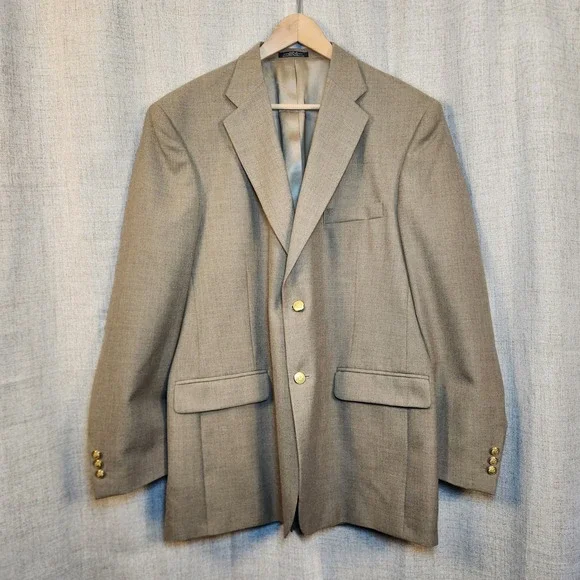 Stafford Worsted Wool Blend Sport‎ Coat Mens 44L Tan Brown Blazer Gold Buttons