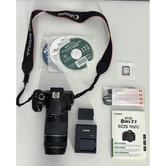 Canon EOS Rebel T3 12.2 MP DSLR Camera W/Telephoto Zoom Lens & Battery Black