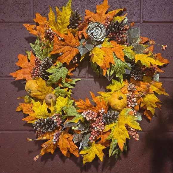 Festive Autumn Wreath with Pinecones, Pumpkins, and Berry