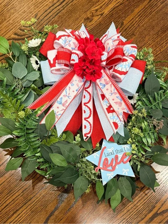 Patriotic Red and Light Blue Holiday Wreath Bow with Floral Center