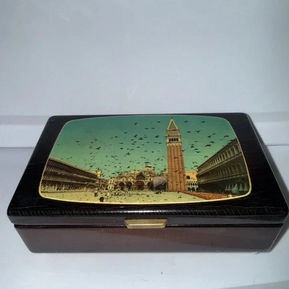 Vtg Reuge Swiss Piazza San Marco Lacquer Music Jewelry Box Wood Inlay Works