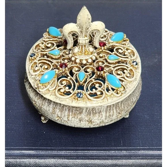 Vintage Florenza‎ Fleur de Lis Trinket Box Jeweled Turquoise Filigree Victorian