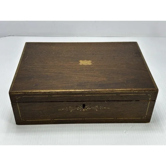 Antique Hand Painted Locking Box Paper Interior Jewelry Sewing Storage‎ No Key