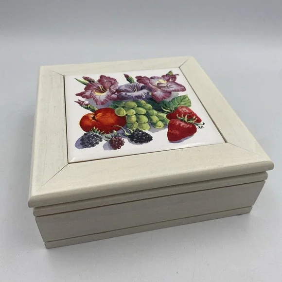 Vintage White Wood Jewelry Box with Ceramic Tile Lid Fruit and Flowers