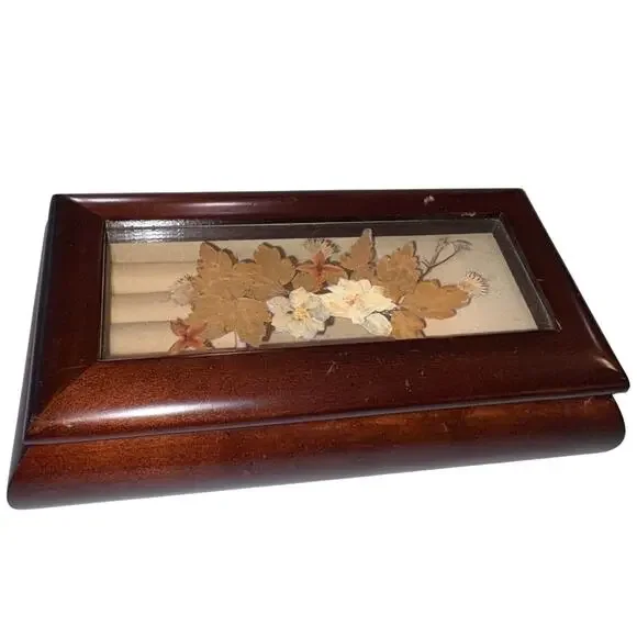 Vintage Bombay Co Musical Jewelry Box Wood Pressed Flowers Plays Love Story