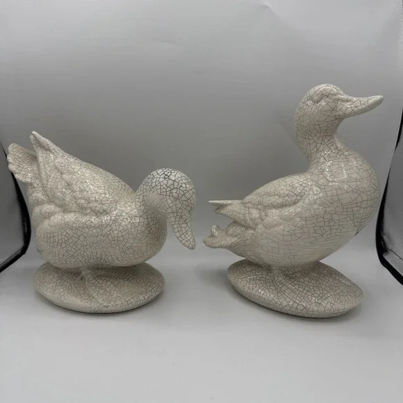 Vtg Set Of 2 Ducks Crackle Glaze Ceramic Statues Farm Decor White Mallard Large