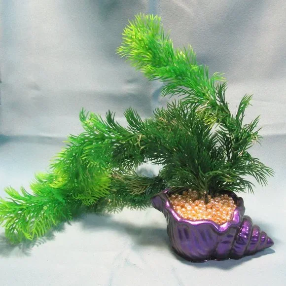 Aquarium Decoration - Purple Shell with Green Artificial Plant and Pearls.