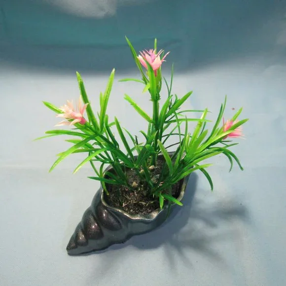 Aquarium Decoration -Teal Blue Long Shell with Flowering Plant.