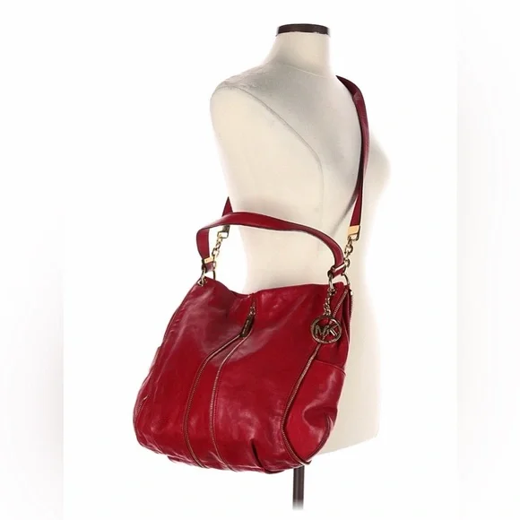 Michael Kors Large Hobo Red Leather Shoulder Crossbody Bag Purse EUC