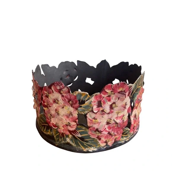 Vintage Haitian Hand Painted Metal Bowl Hydrangea‎ Flower Folk Art Centerpiece