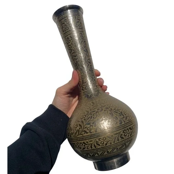 Vintage Hand‎ Etched Brass Vase Made in India Floral Engraved Tall Boho Decor