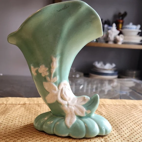 Vintage Weller Pottery Matte Green Cornucopia Vase Wild Rose Mcm