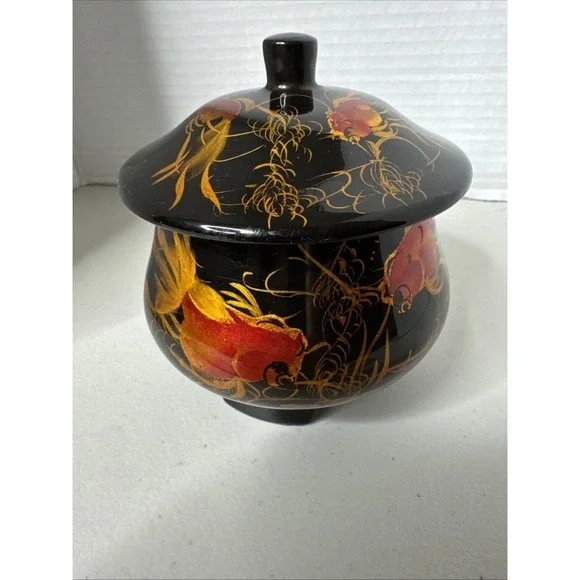 Vintage Singapore Black Lacquer Ware Lid Pot Hand Painted Koi Carp Fish