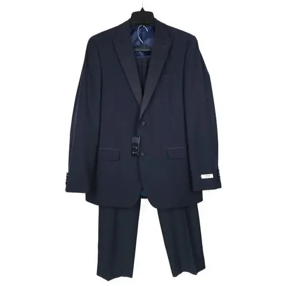 Alfani Mens Slim Fit 2 Piece Tuxedo Suit 38L 30x32 Navy Stretch Diamond Grid NWT