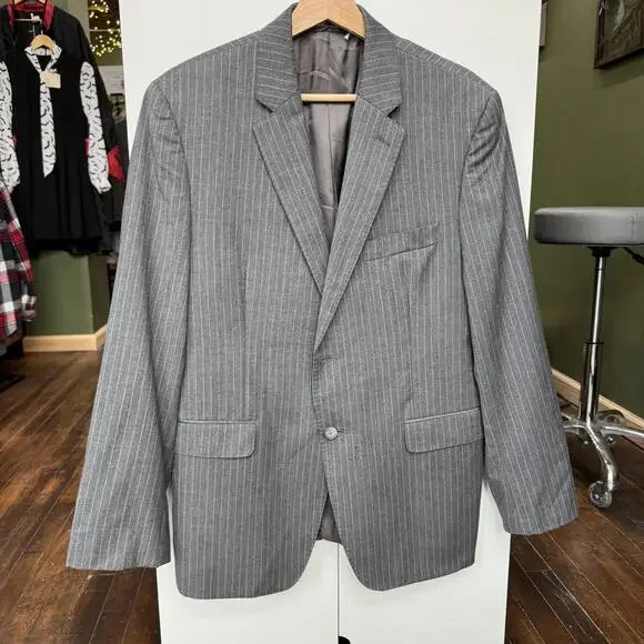 Vintage 100%‎ Wool Ralph Lauren Suit Jacket Blazer Size 42S Grey Pinstripe