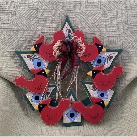 Wooden Red Cardinal Wreath Wall Hanging Country Folk Art Birdhouse Decor 17x17