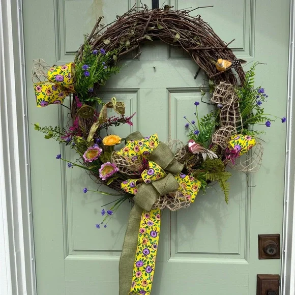 Floral Spring Wreath with Yellow Accents