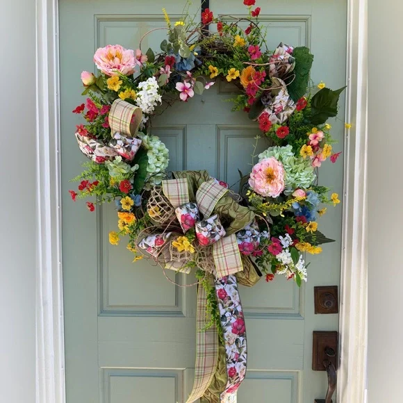 Floral Spring Wreath with Plaid Ribbon