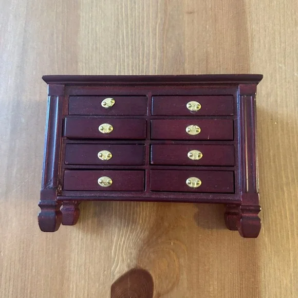 Vintage Miniature Mahogany Wood 8-Drawer Jewelry Box Chest Gold Hardware