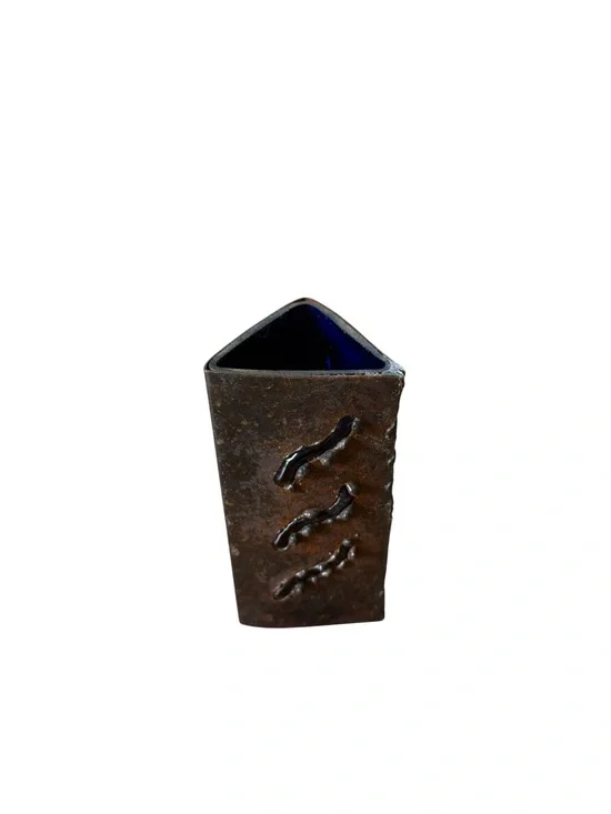 Brutalist Copper With Cobalt Blue Caged Rectangular Vase 1960’s Mid Century