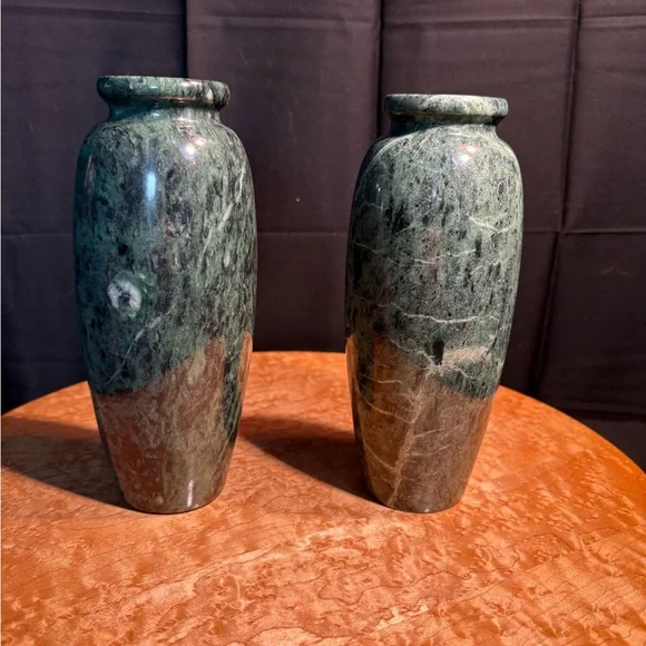 Pair vintage Taiwan green polished marble vases. 7 inches tall