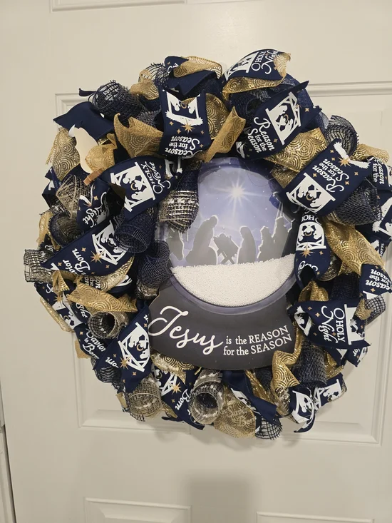 Religious Christmas Wreath - Navy & Gold 